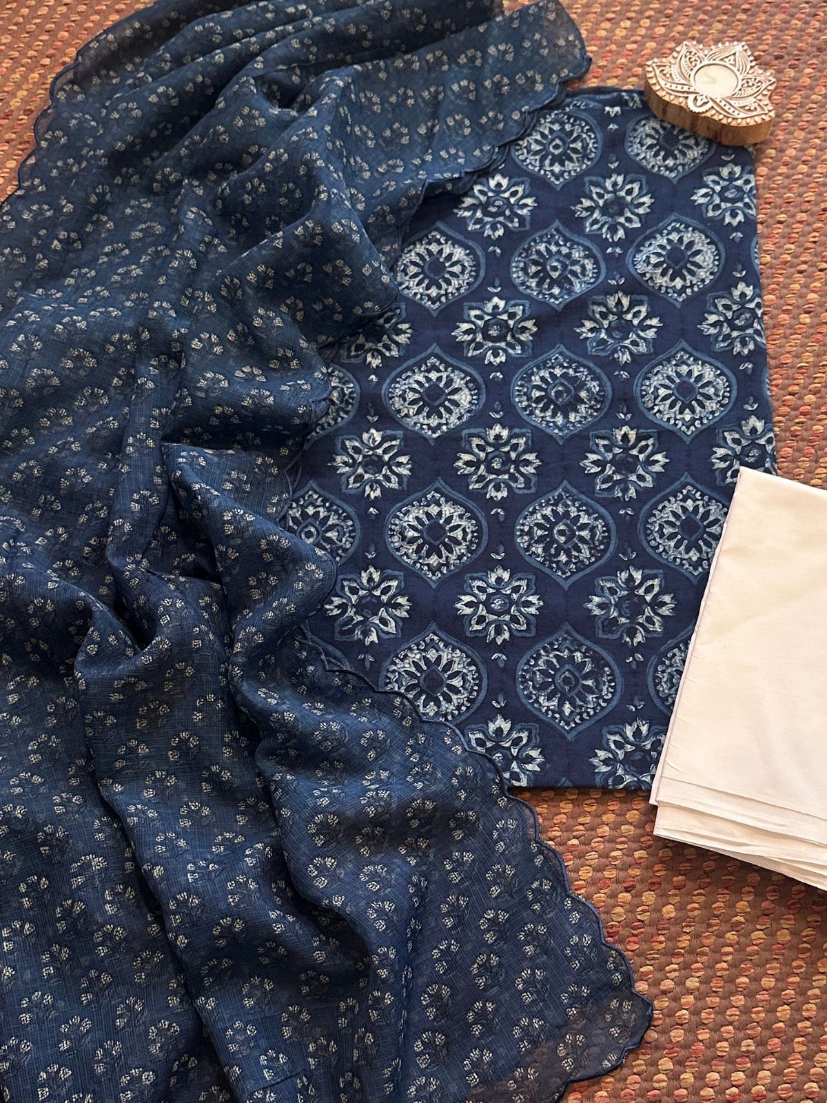 Pure Cotton Indigo Handblocked Unstitched Set