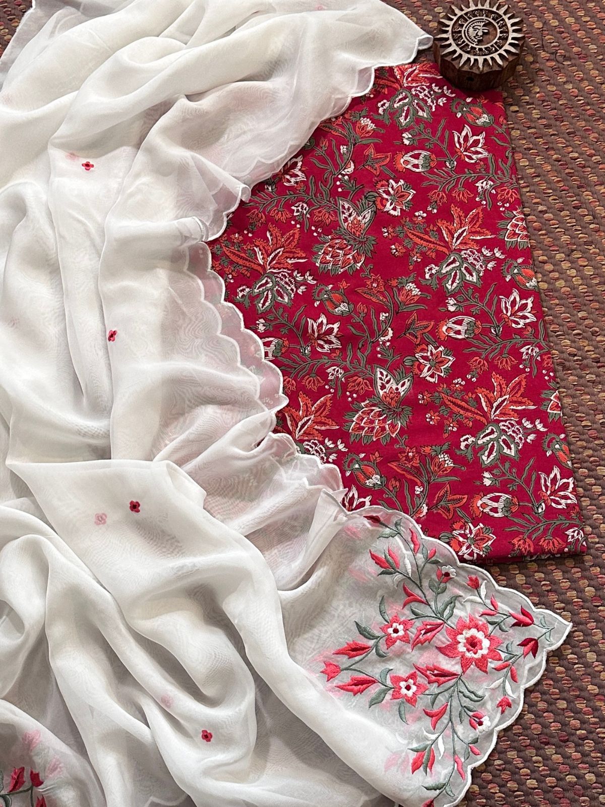 Pure Cotton Handblocked Fabric with Embroidered Organza Dupatta