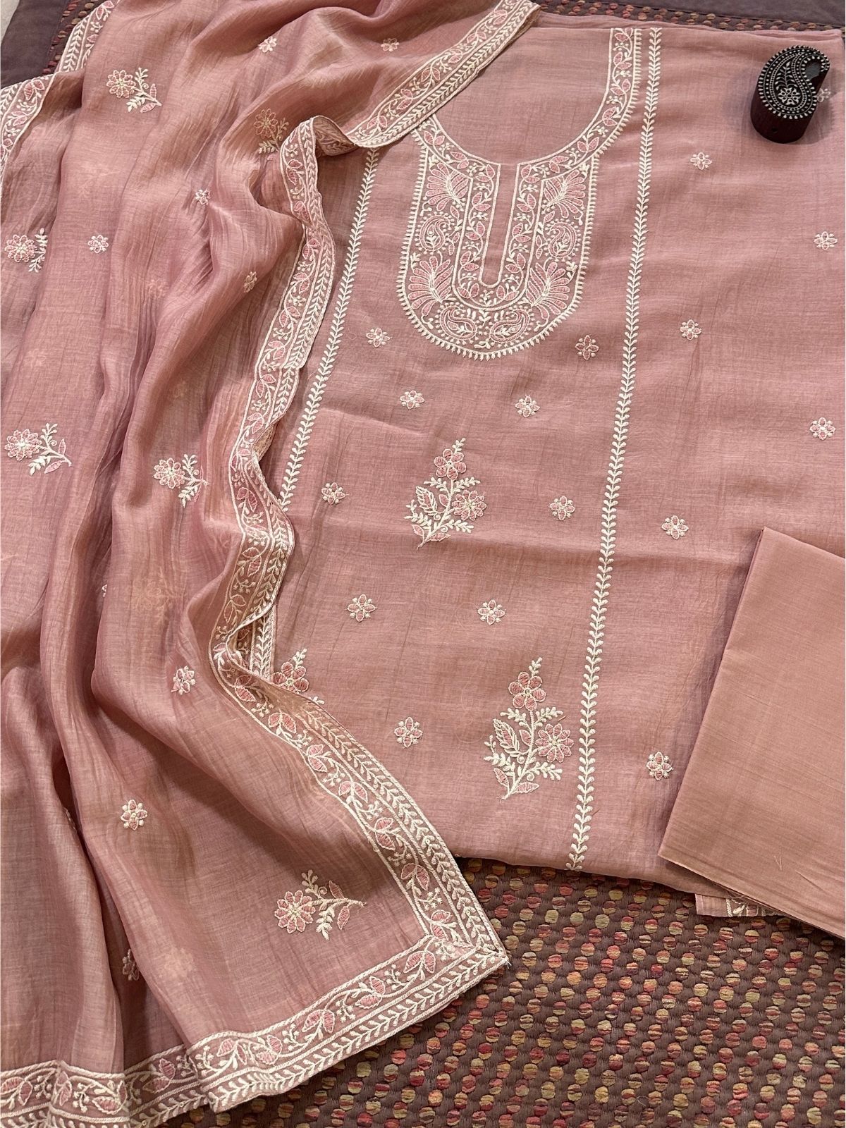 Malmal Maheshwari Silk Embroidered Unstitched Set