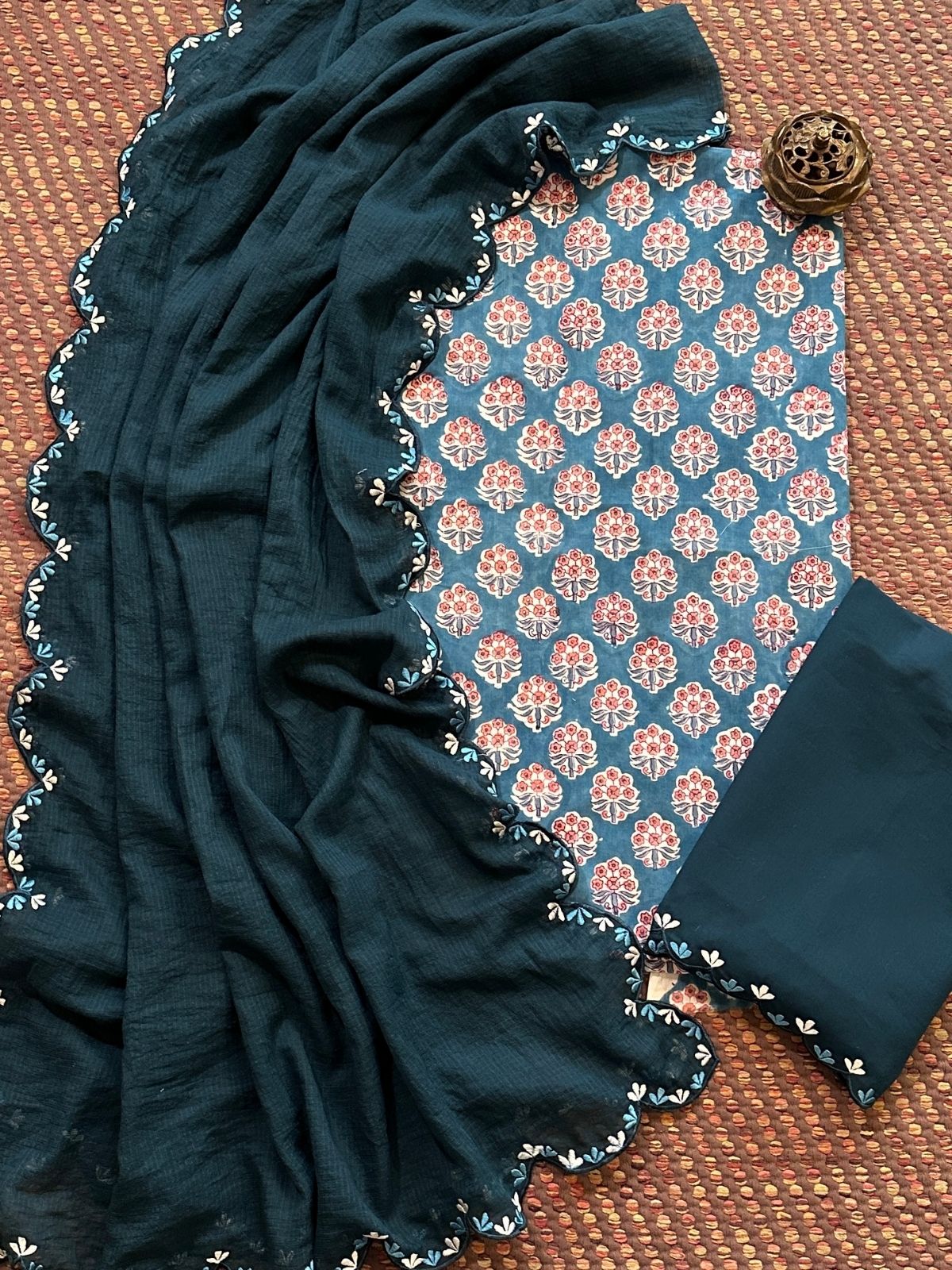 Pure Cotton Hand-block Fabric with Embroidered Bottom & Kota Doria Dupatta