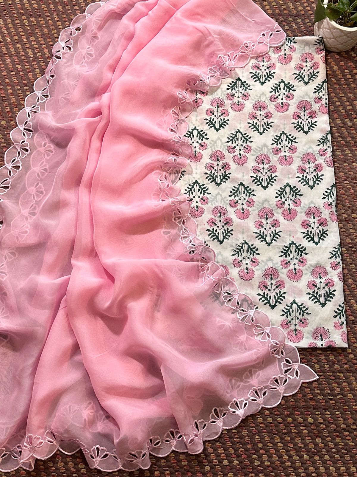 Pure Cotton Handblocked Fabric with Exclusive Cutwork Organza Dupatta