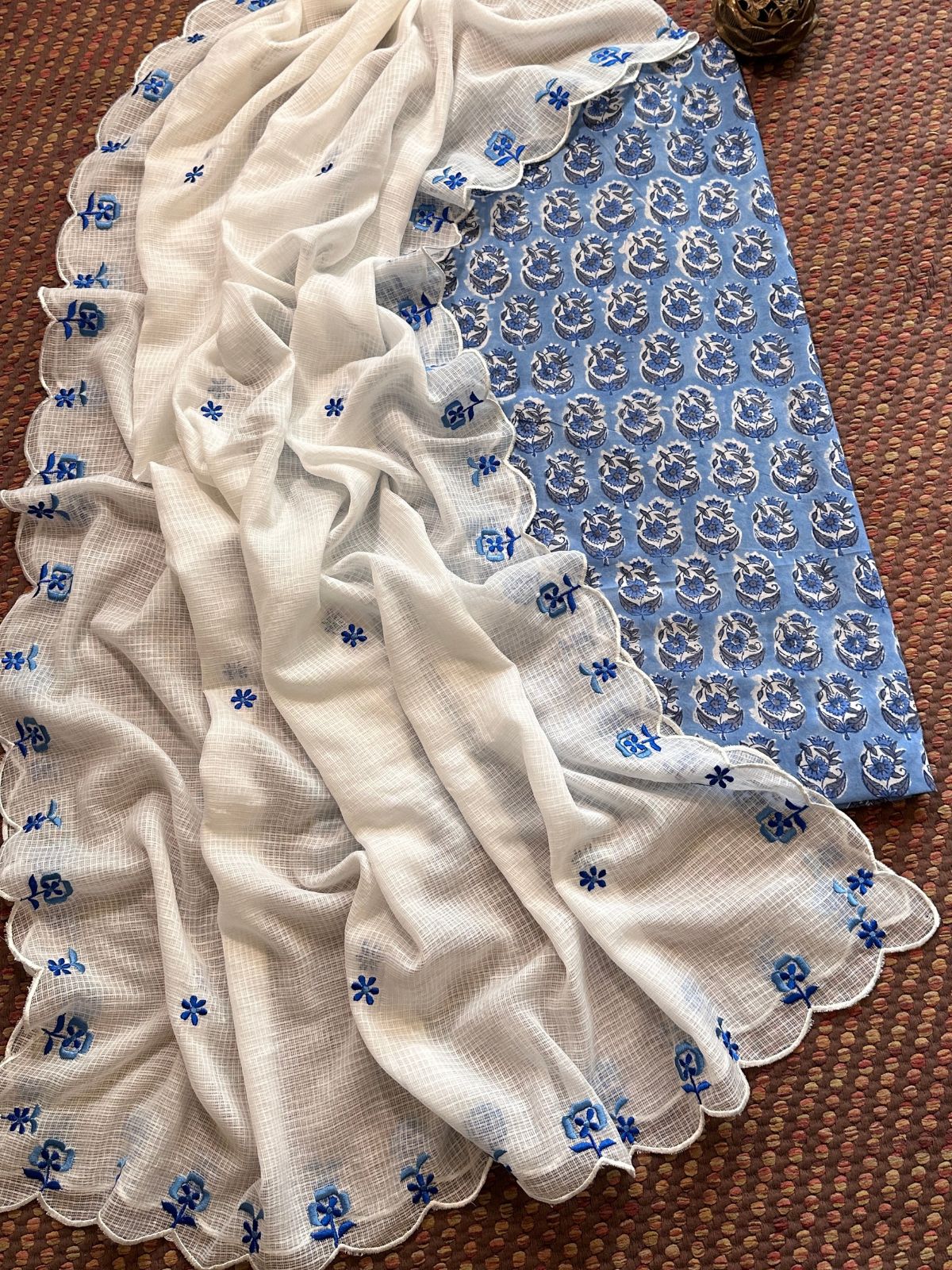 Pure Cotton Handblocked Fabric with Embroidered Dupatta