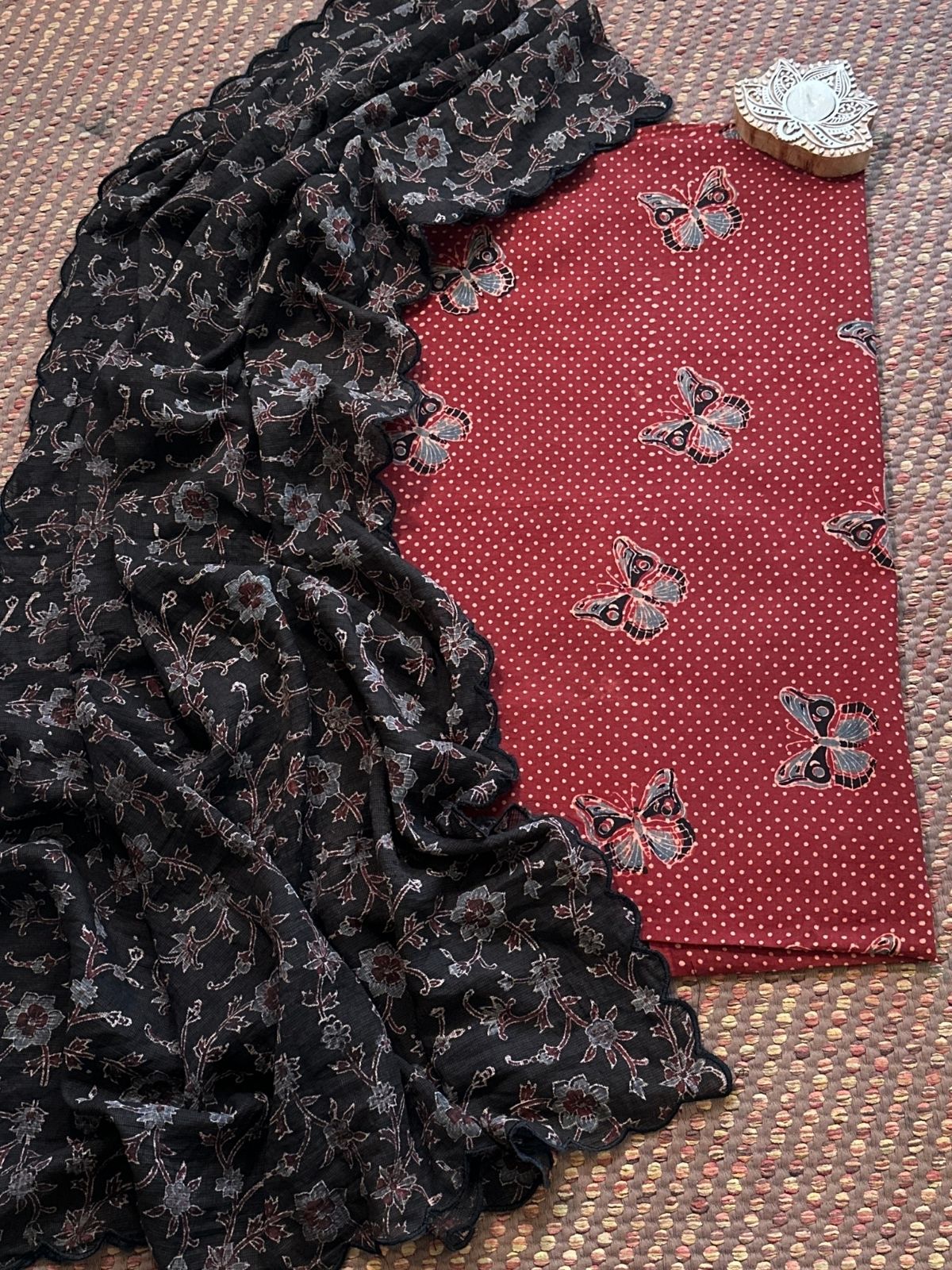 Ajrakh Cotton Malmal Handblocked Set- Top & Dupatta