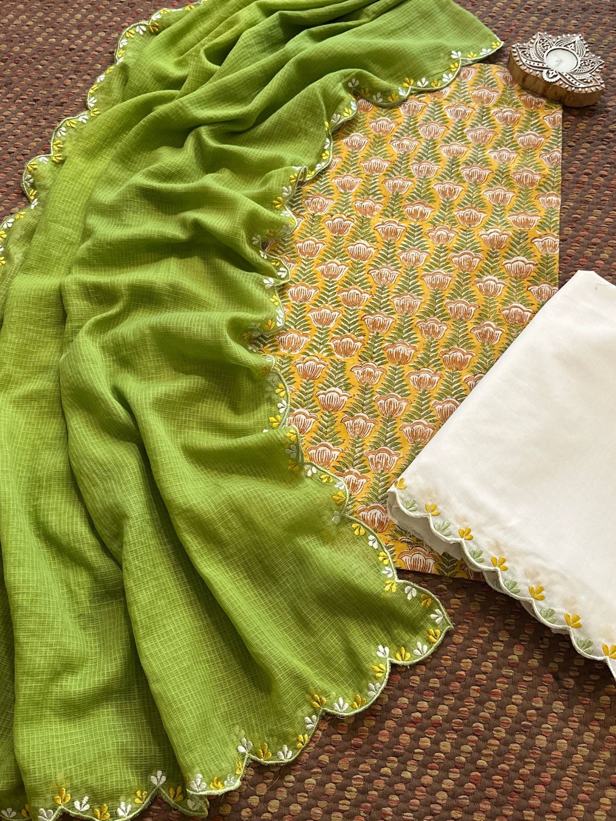 Pure Cotton Hand blocked Set with Embroidered Dupatta