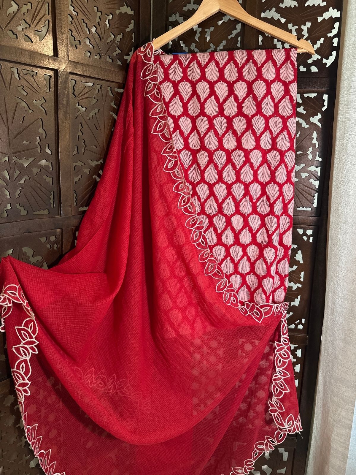Pure Cotton Handblock Fabric with Cutwork Embroidered Dupatta