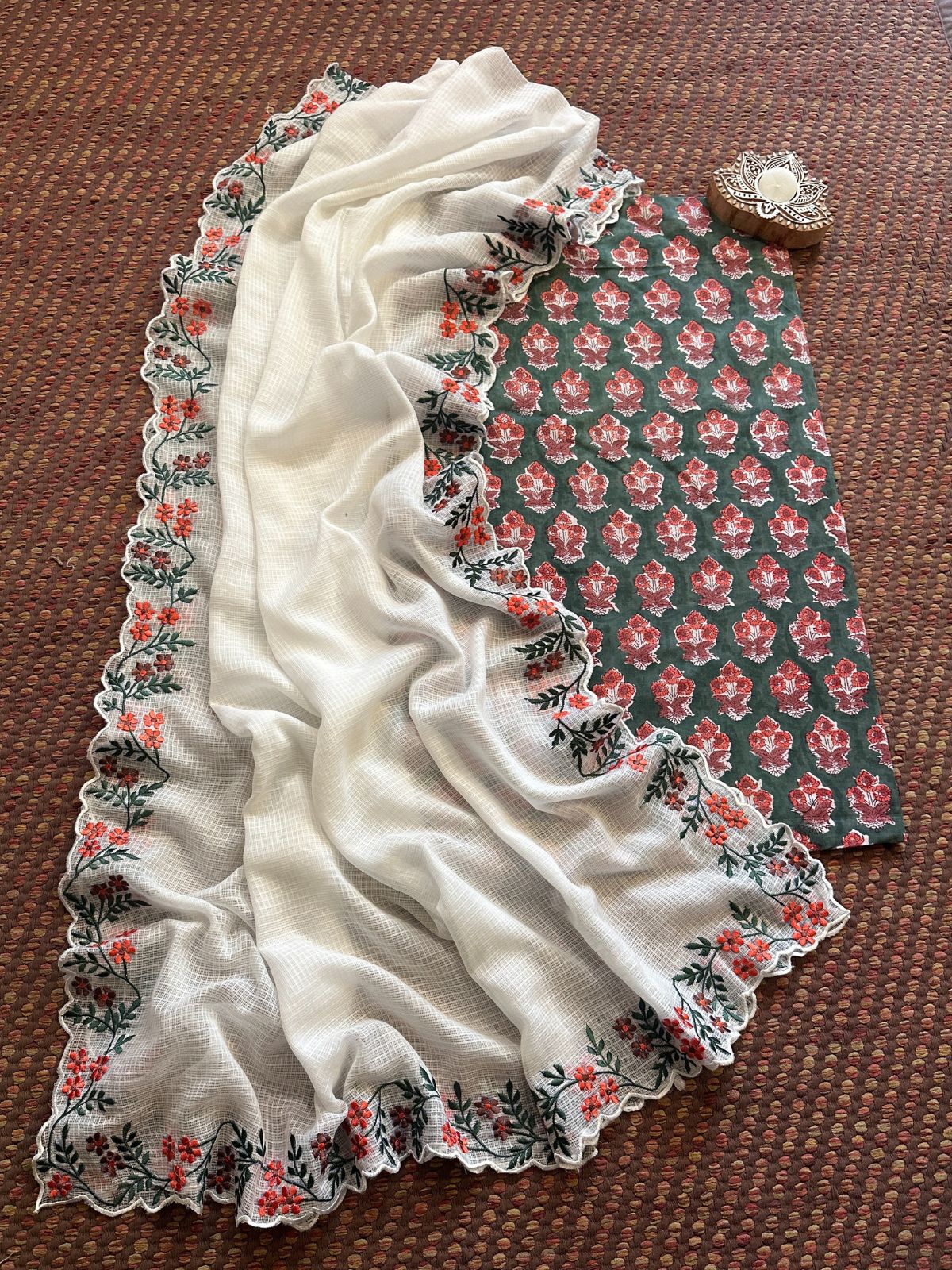 Pure Cotton Handblock Fabric with Exclusive Embroidered Dupatta
