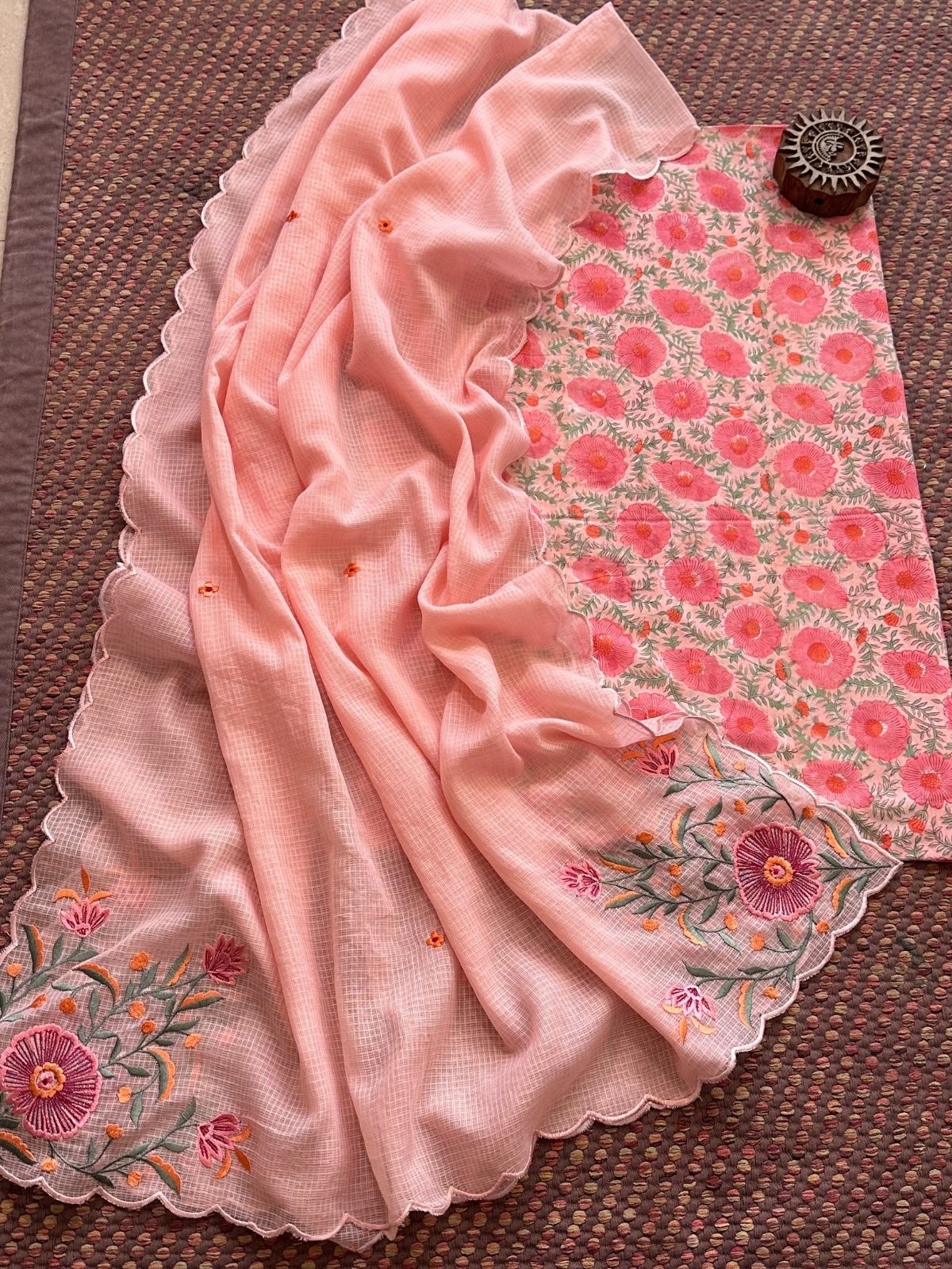 Pure Cotton Hand-blocked fabric set with Embroidered Dupatta