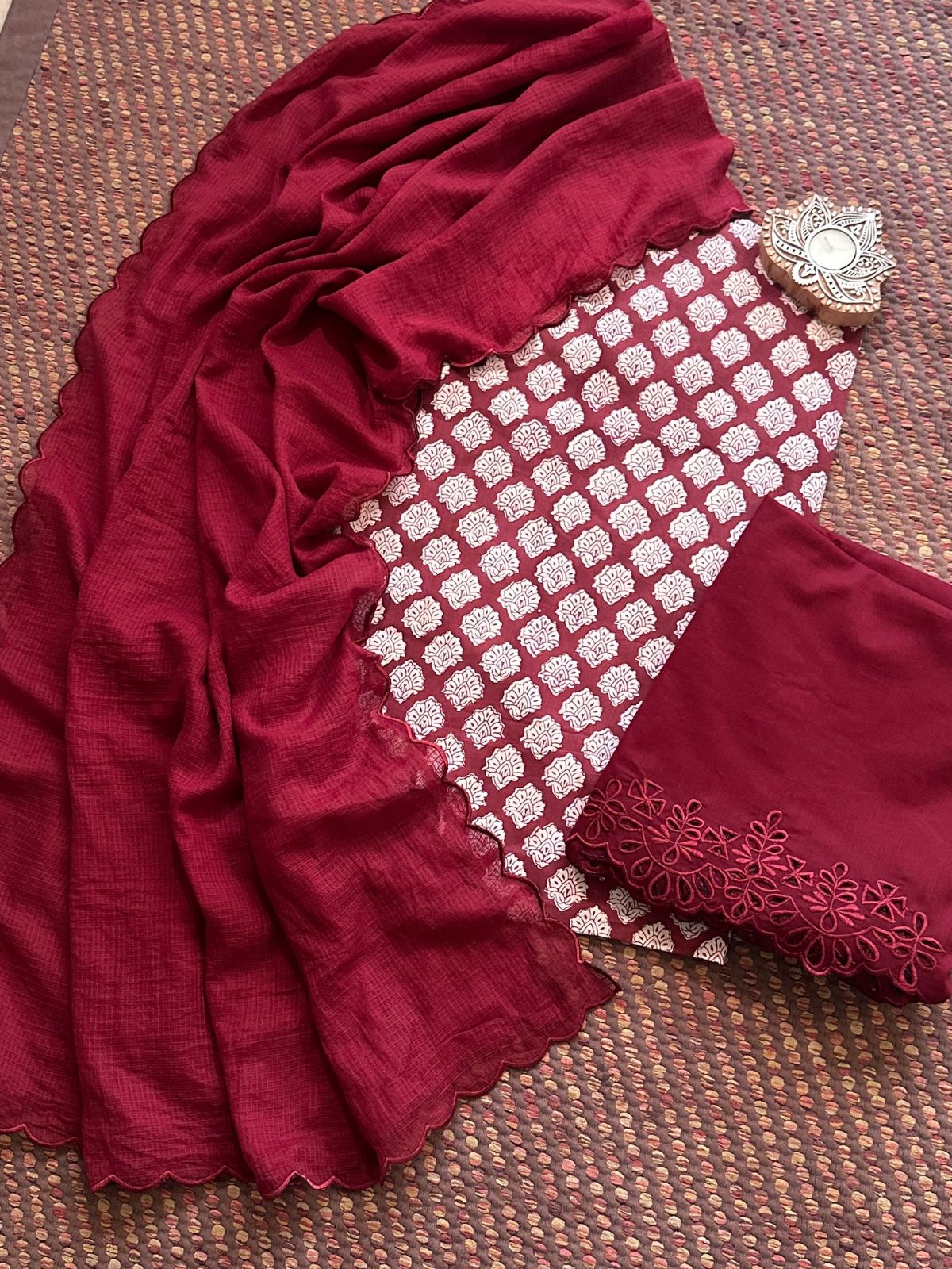 Pure Cotton Hand-blocked Fabric with Cutwork Bottom & Kota Doria Dupatta