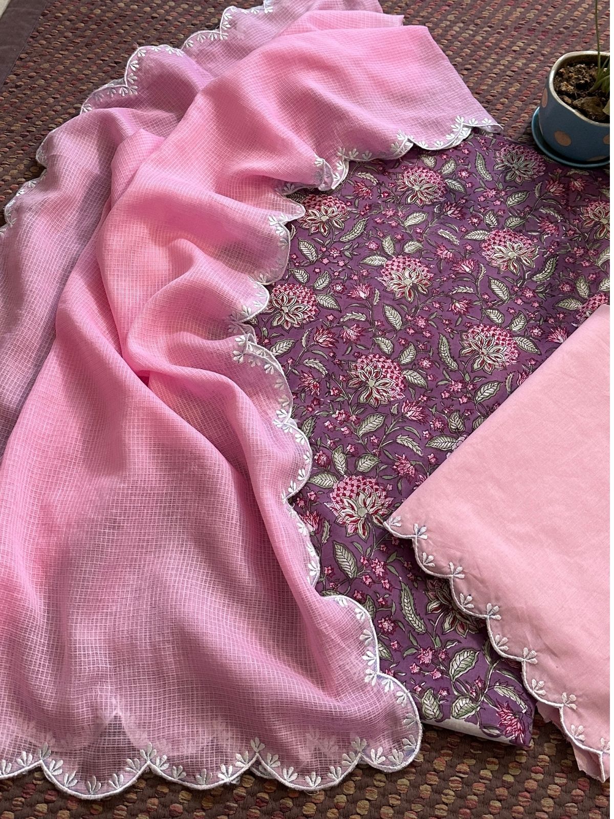 Pure Cotton Handblocked Fabric with Embroidered Dupatta & Bottom