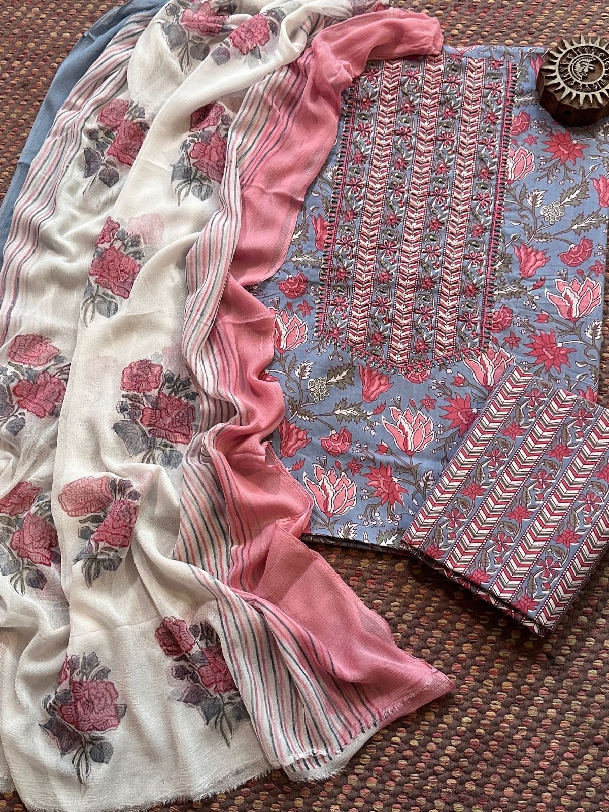 Pure Cotton Handblocked Unstitched Set with pure chiffon Dupatta