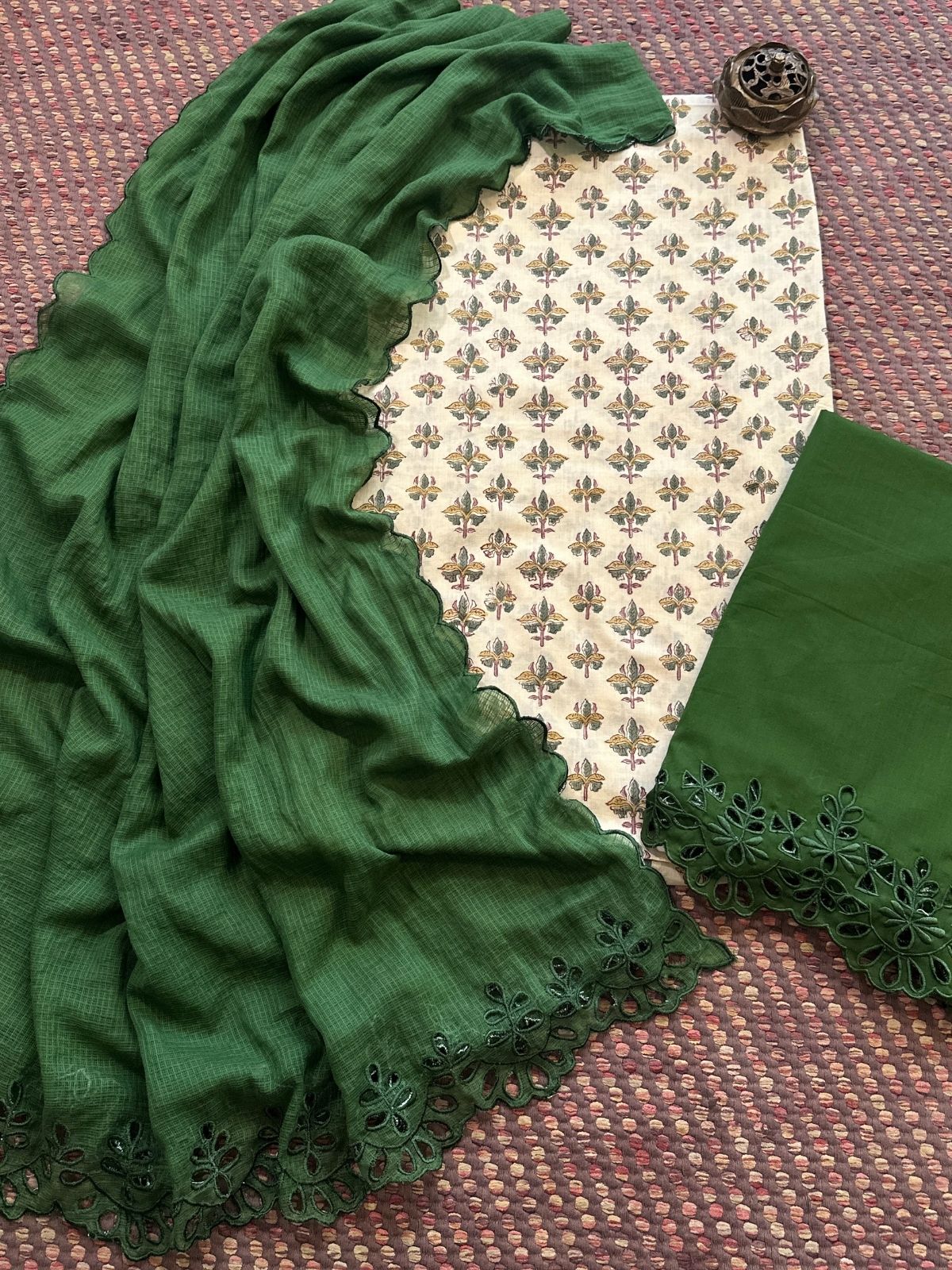 Pure Cotton Hand-blocked Fabric with Cutwork Bottom & Kota Doria Dupatta