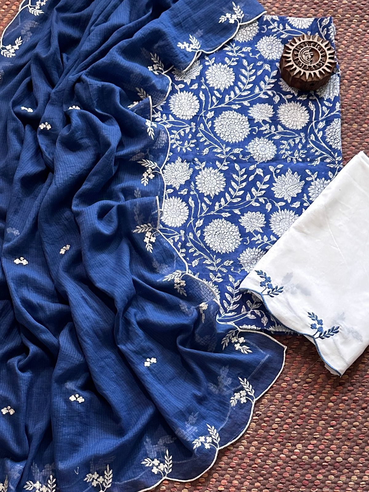 Pure Cotton Hand-block Fabric with Embroidered Bottom & Kota Doria Dupatta