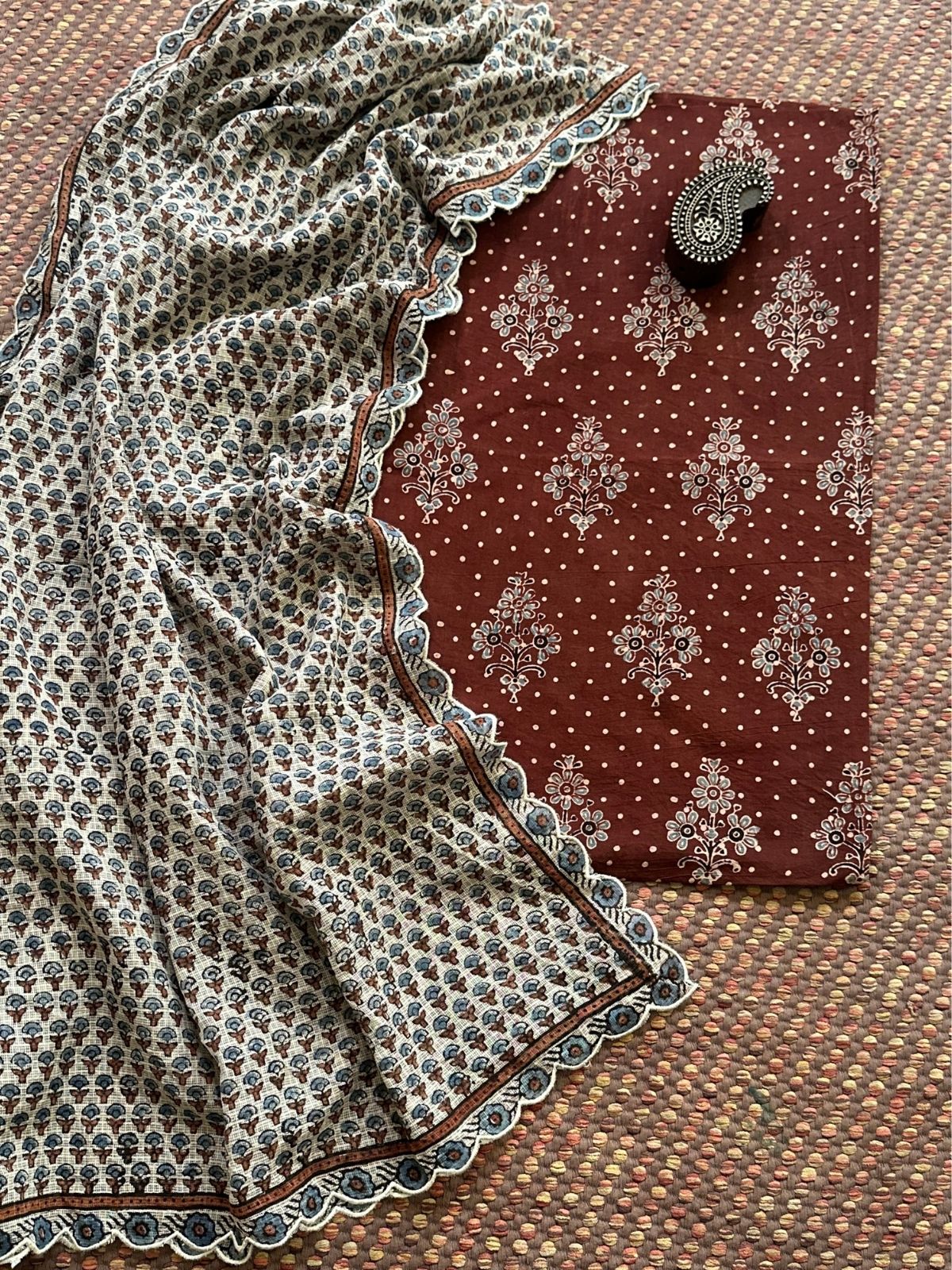 Ajrakh Cotton Malmal Handblocked Set- Top & Dupatta