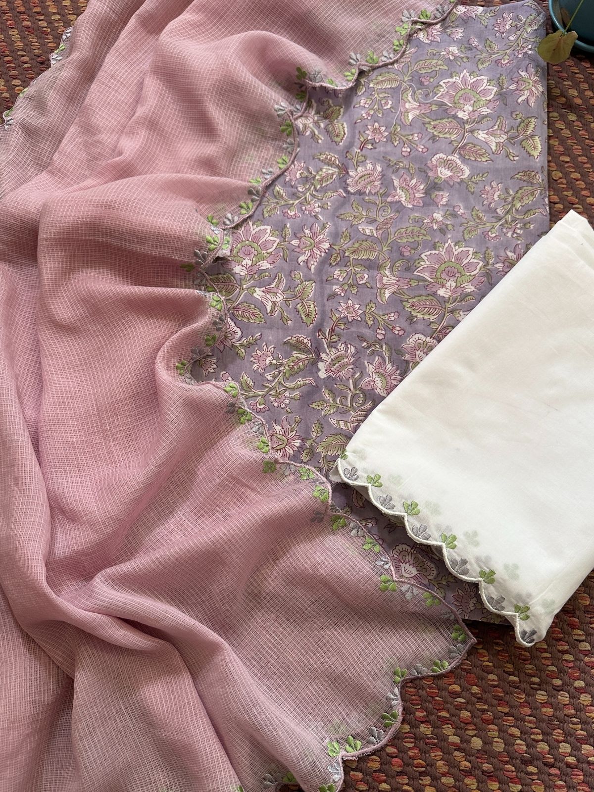 Pure Cotton Hand-block Fabric with Exclusive Embroidered Bottom & Kota Doria Dupatta