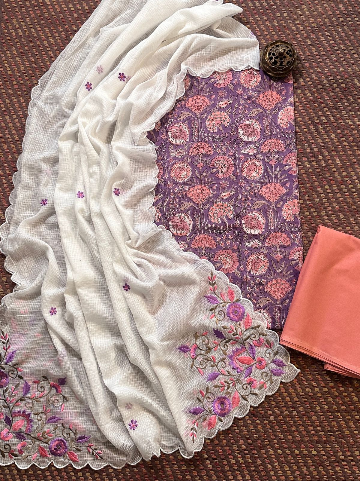 Pure Cotton Hand-block Fabric with Embroidered Bottom & Kota Doria Dupatta