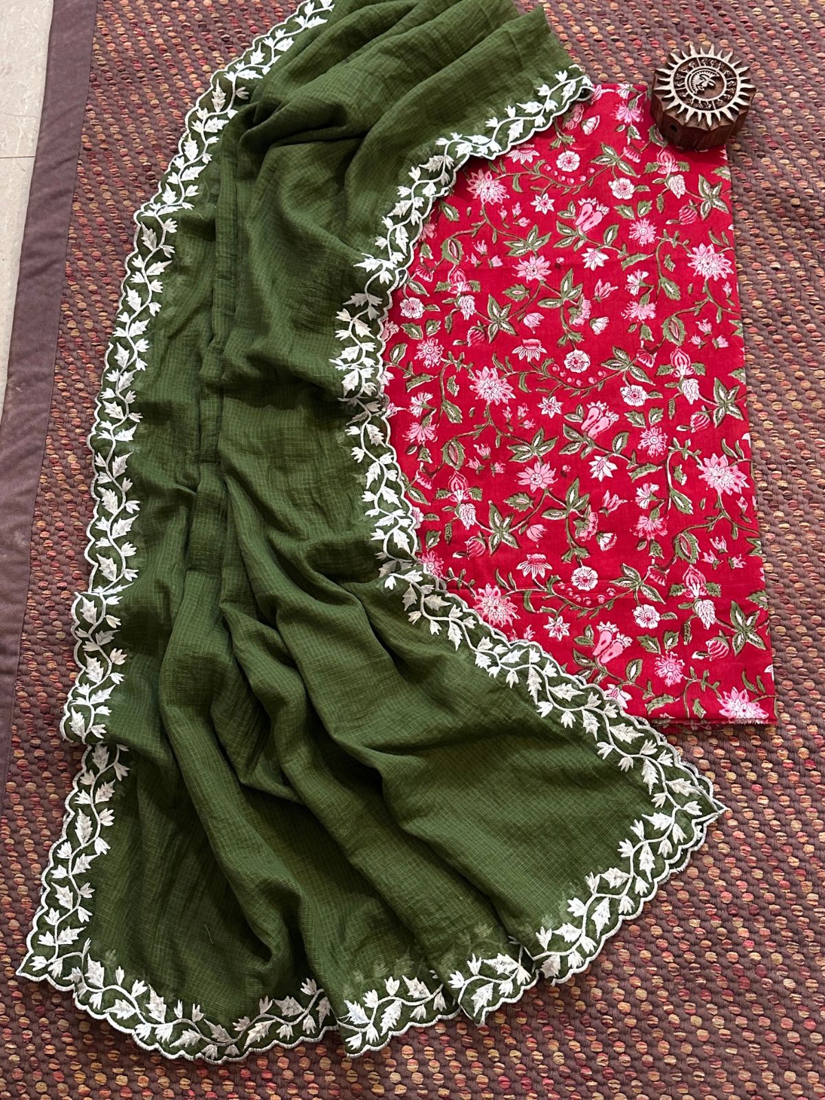 Pure Cotton  Hand-block Fabric with Exclusive Embroidered Kota Doria Dupatta
