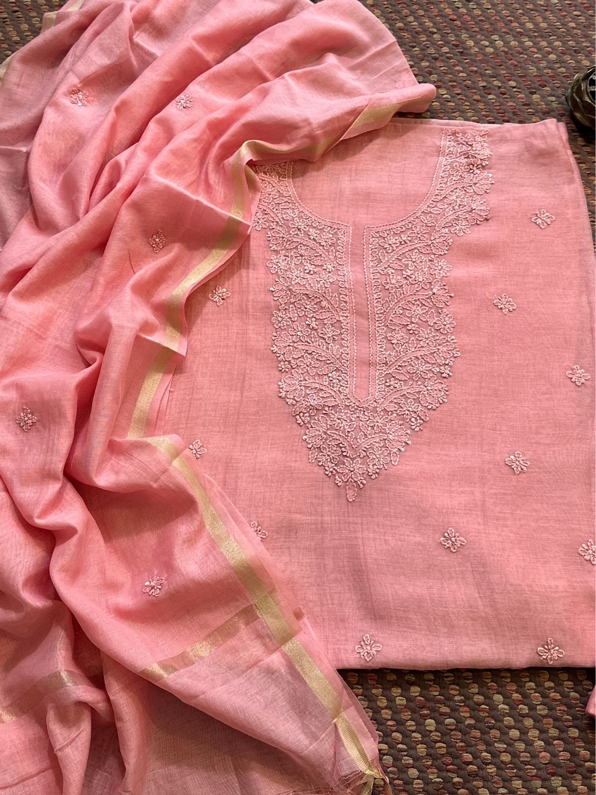 Premium Pastel Pink Shade Malmal Maheswari Chikankari Set