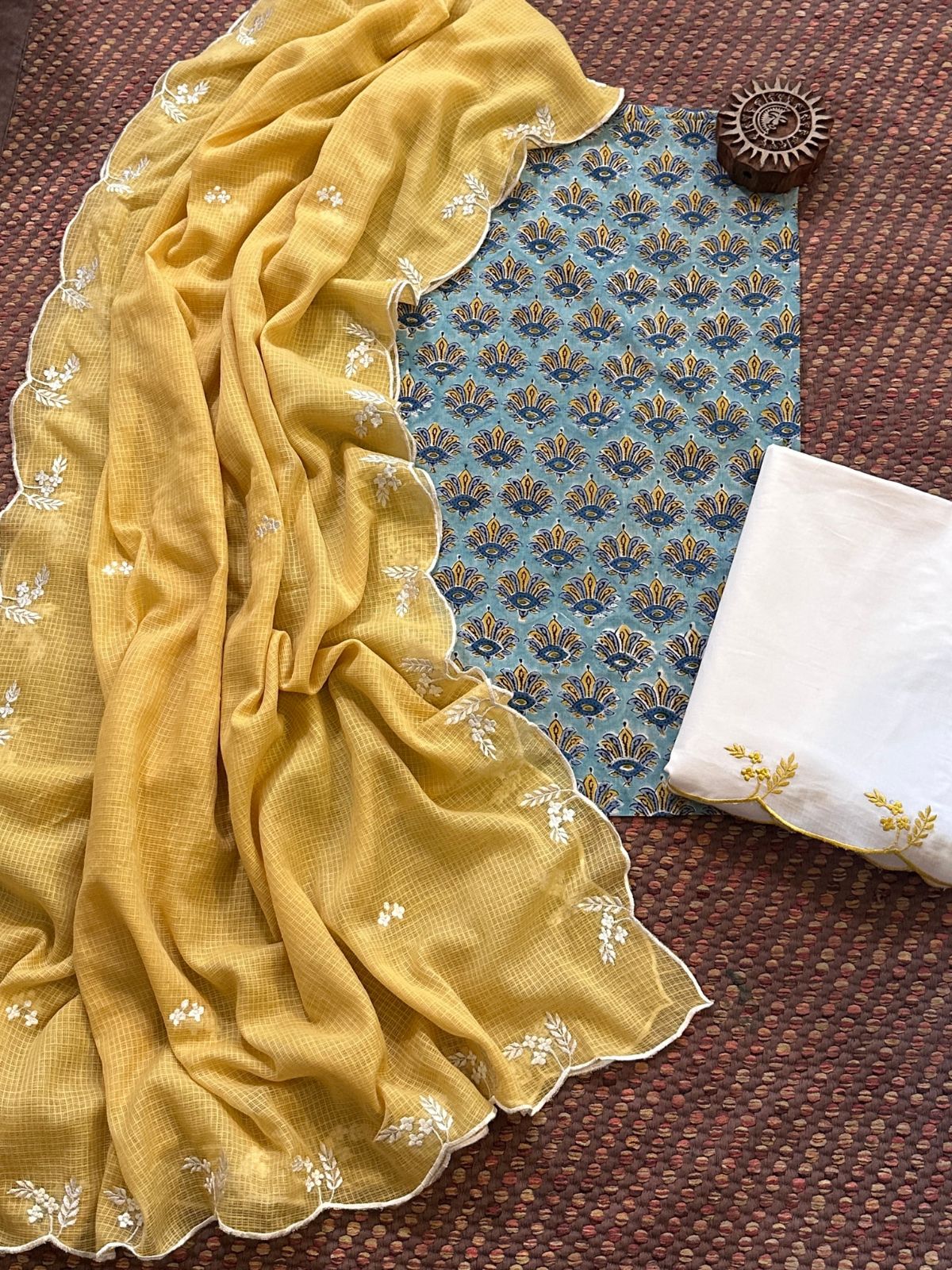 Pure Cotton Malmal Hand-block Fabric with Embroidered Bottom & Kota Doria Dupatta