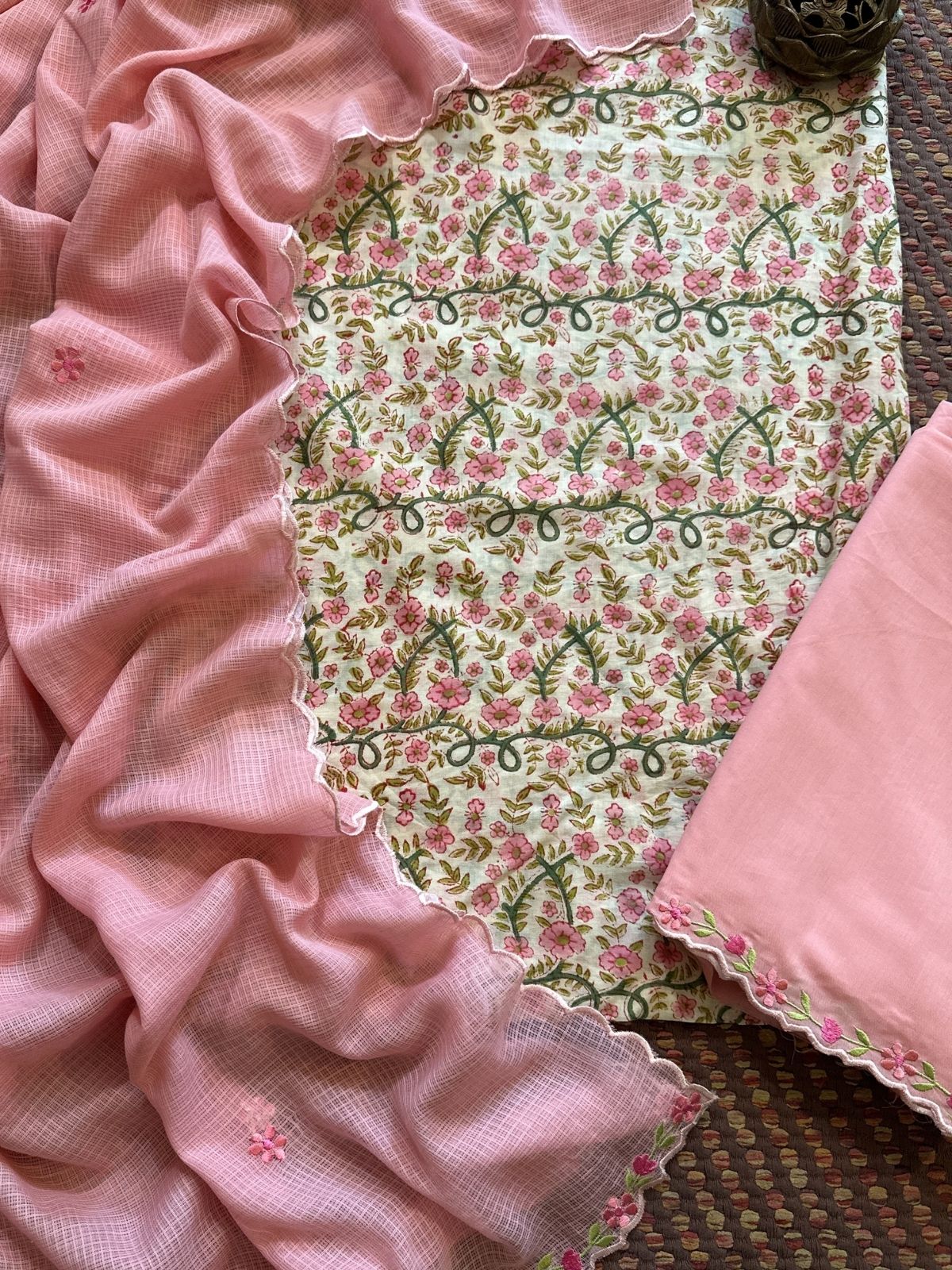 Pure Cotton Malmal Handblocked Fabric with Embroidered Dupatta & Bottom