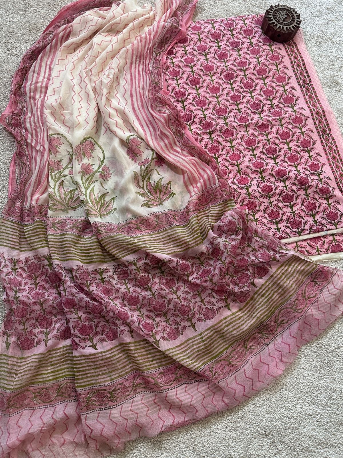 Pure Cotton Handblocked Unstitched Set with pure chiffon Dupatta