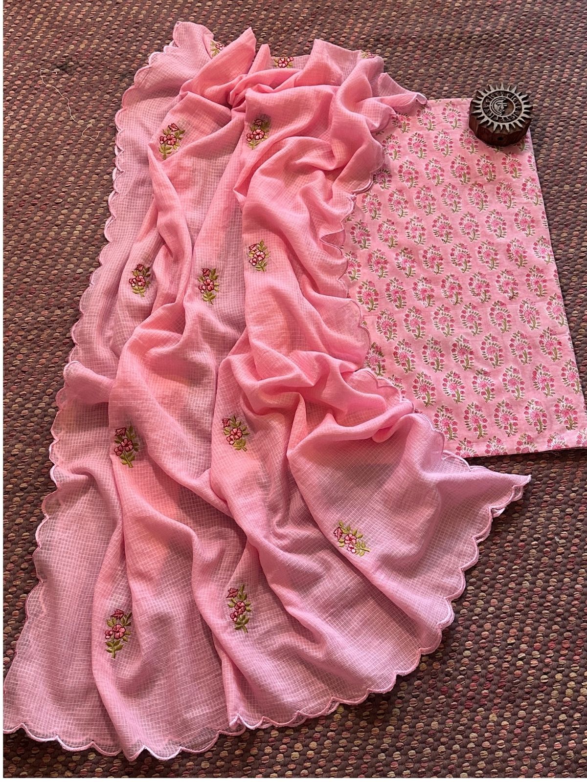 Pure Cotton Hand-blocked fabric with Embroidered Dupatta