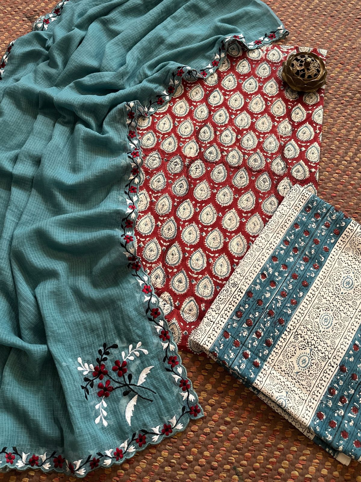 Pure Cotton  Hand blocked Set with Embroidered Dupatta