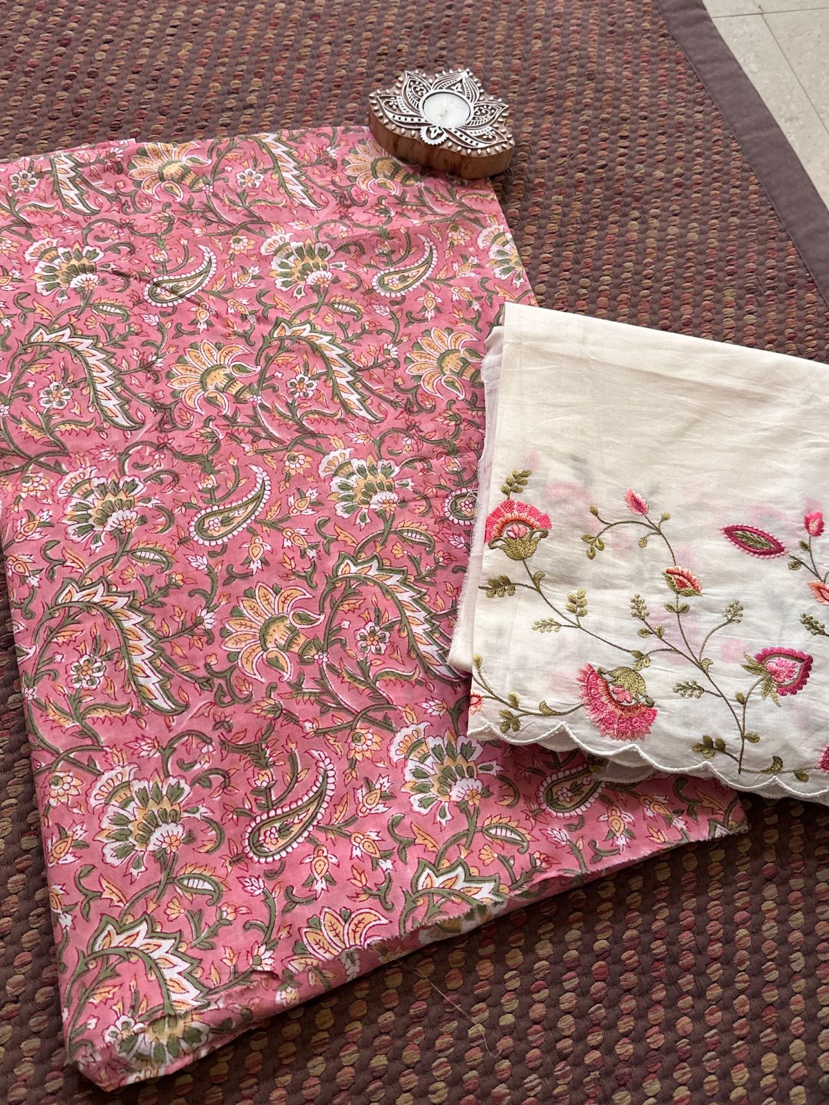 Pure Cotton Hand-blocked Fabric with Embroidered Bottom