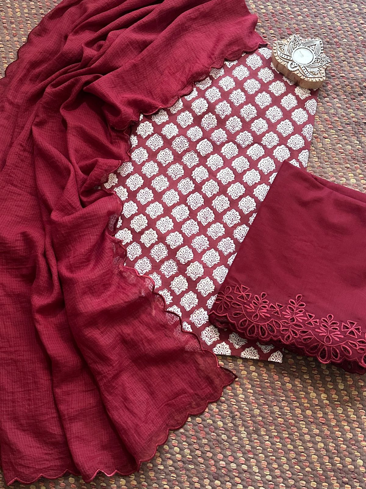 Pure Cotton Hand-blocked Fabric with Cutwork Bottom & Kota Doria Dupatta