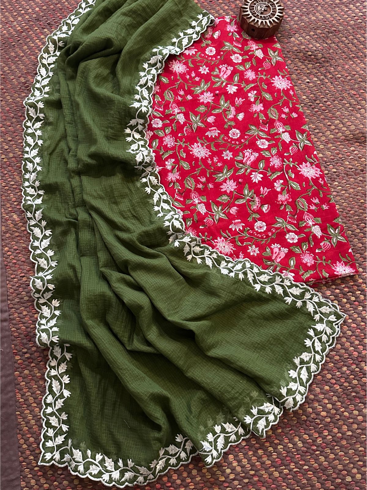 Pure Cotton  Hand-block Fabric with Exclusive Embroidered Kota Doria Dupatta