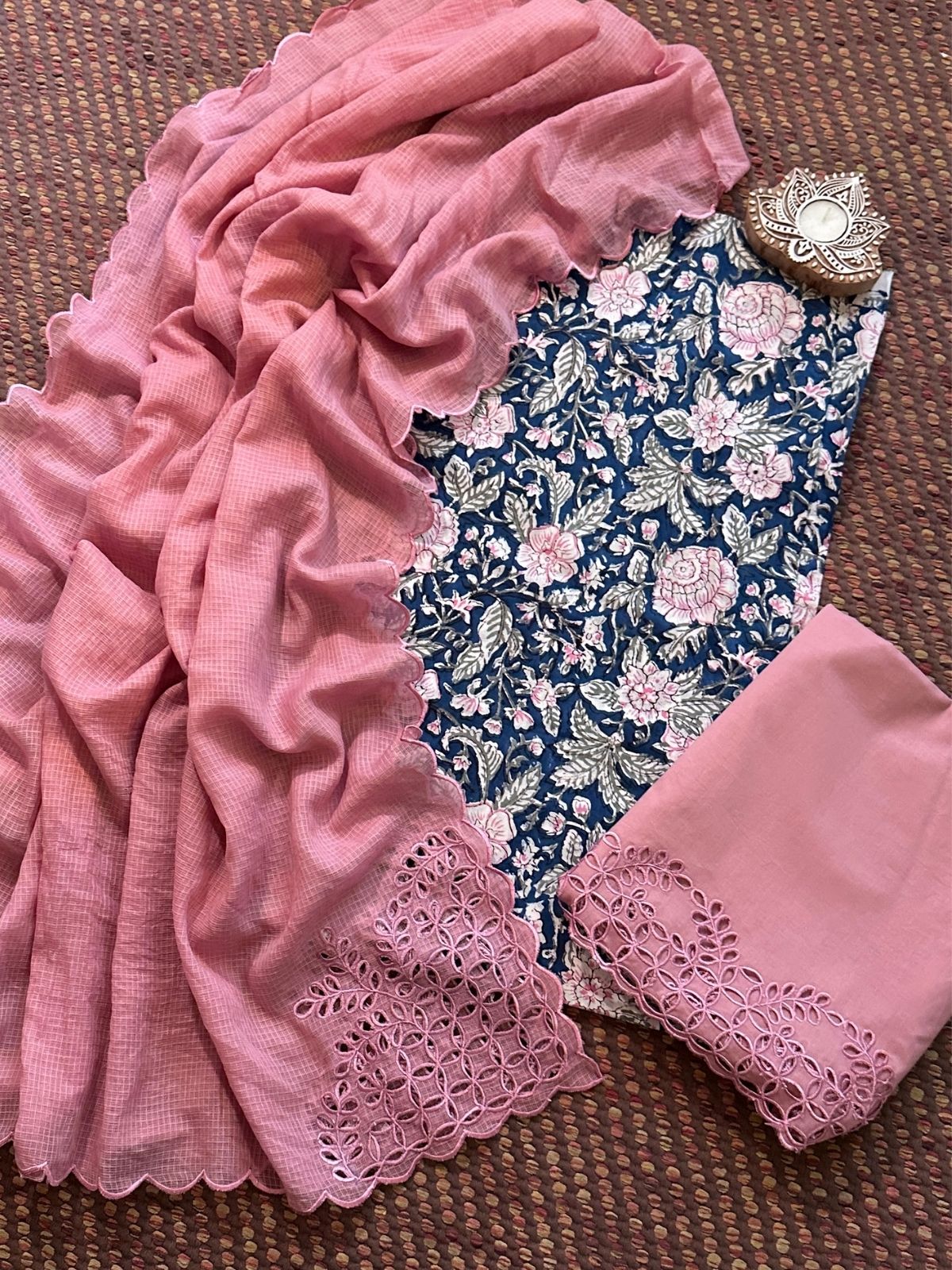 Pure Cotton Hand-blocked Fabric with Cutwork Bottom & Kota Doria Dupatta