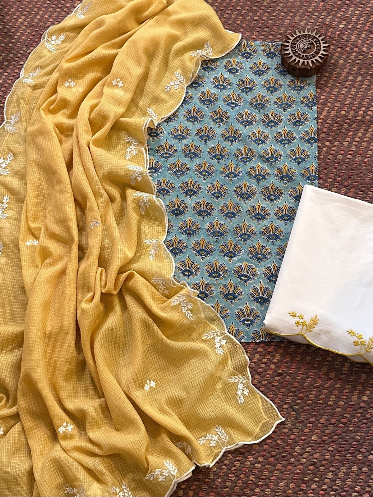 Pure Cotton Malmal Hand-block Fabric with Embroidered Bottom & Kota Doria Dupatta