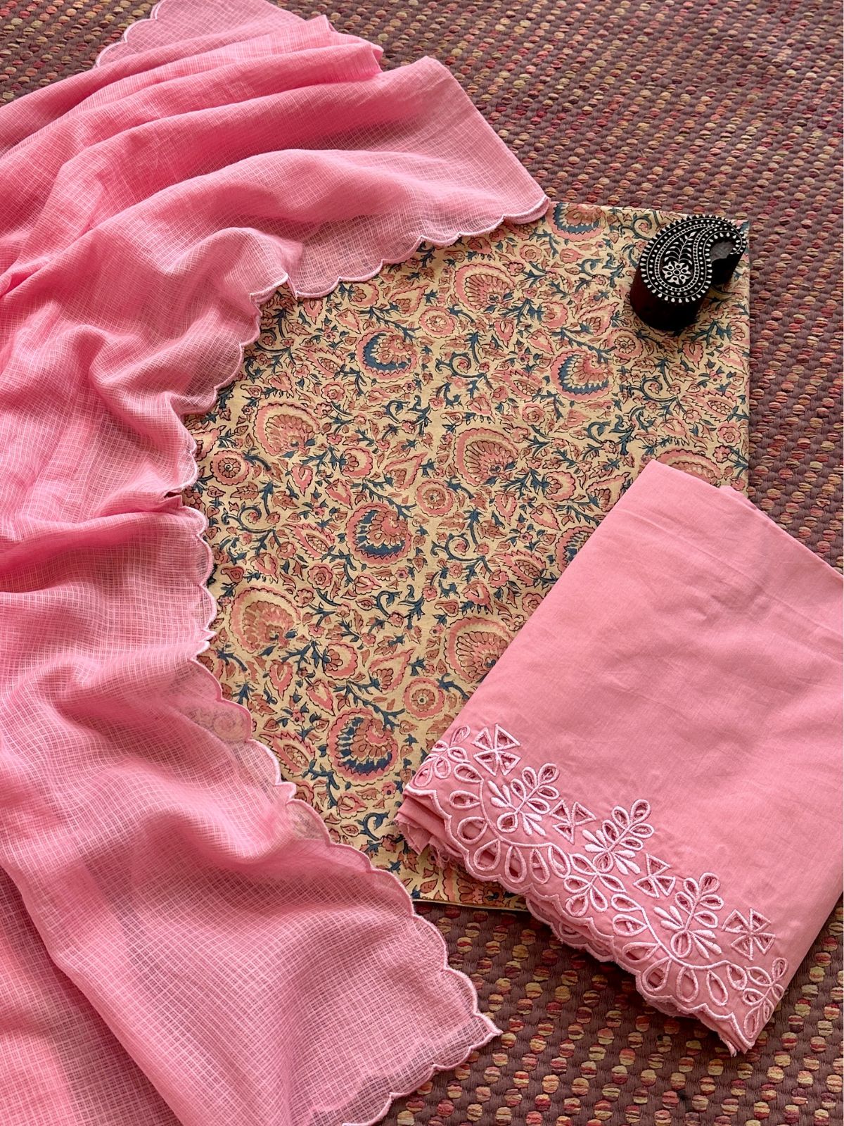 Pure Cotton Hand-blocked Fabric with Cutwork Bottom & Kota Doria Dupatta
