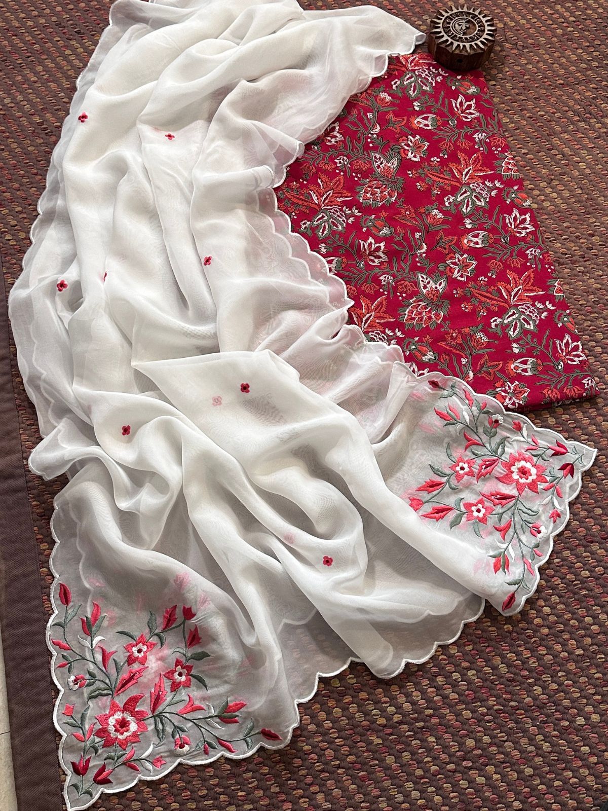 Pure Cotton Handblocked Fabric with Embroidered Organza Dupatta