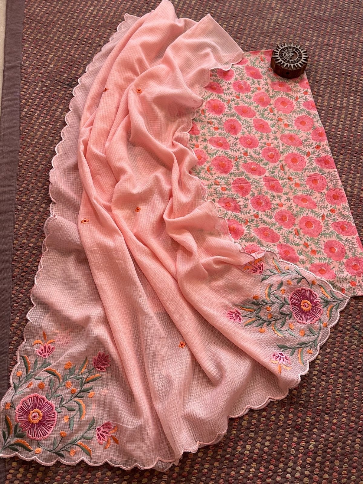 Pure Cotton Hand-blocked fabric set with Embroidered Dupatta
