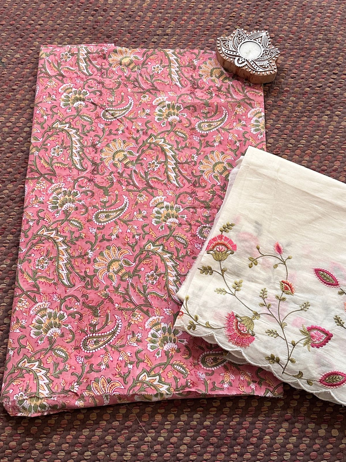 Pure Cotton Hand-blocked Fabric with Embroidered Bottom