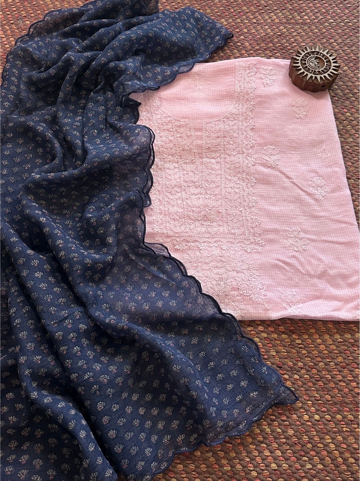 Chikankari Hand Embroidered Fabric with Indigo Hadblocked Kota Dupatta
