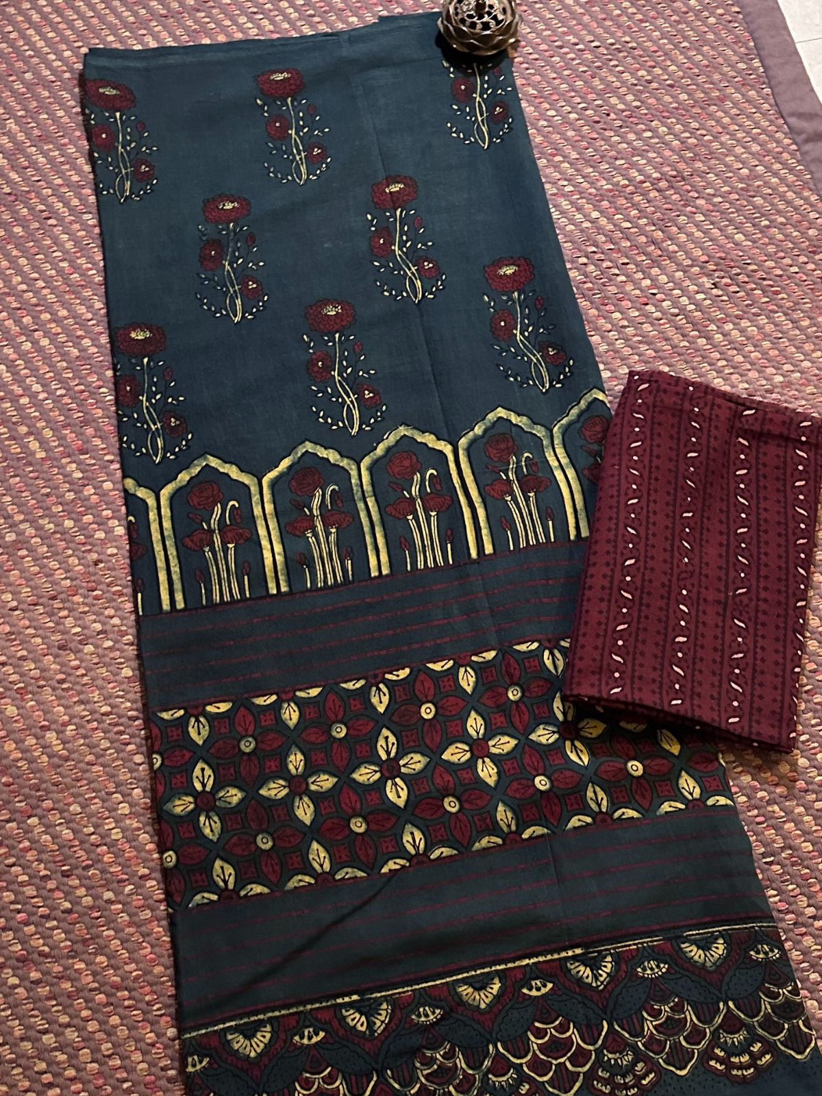 Pure Cotton Malmal Handblocked Ajrak Fabric Set