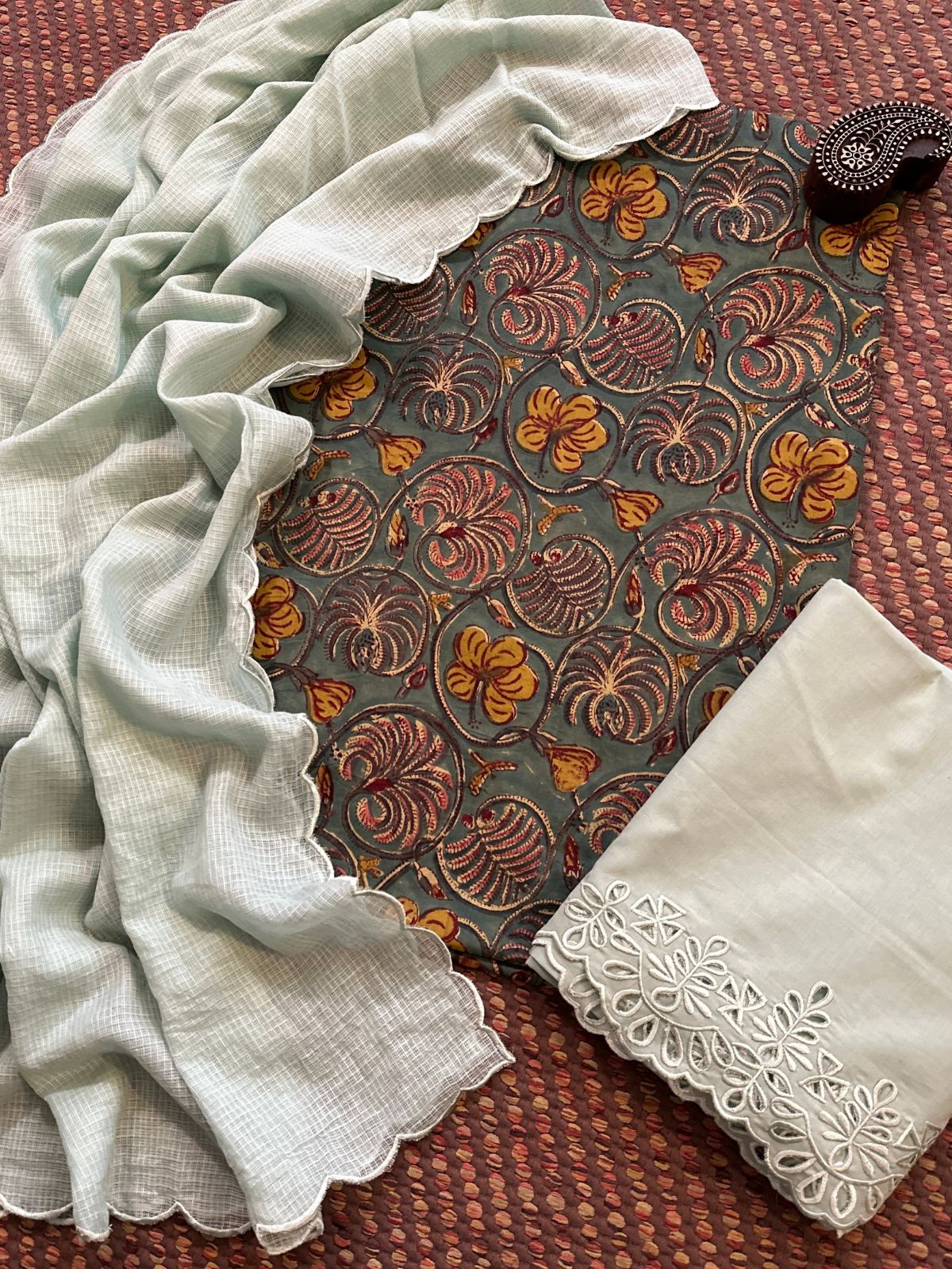 Pure Cotton Malmal Hand-blocked Fabric with Cutwork Bottom & Kota Doria Dupatta