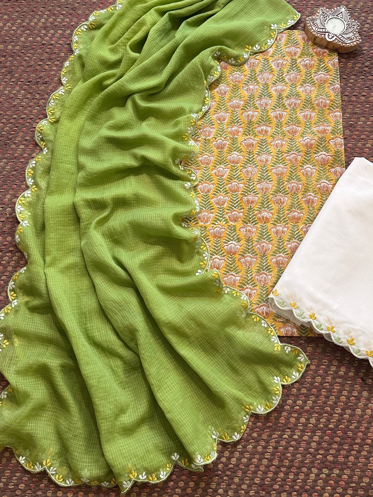 Pure Cotton Hand blocked Set with Embroidered Dupatta