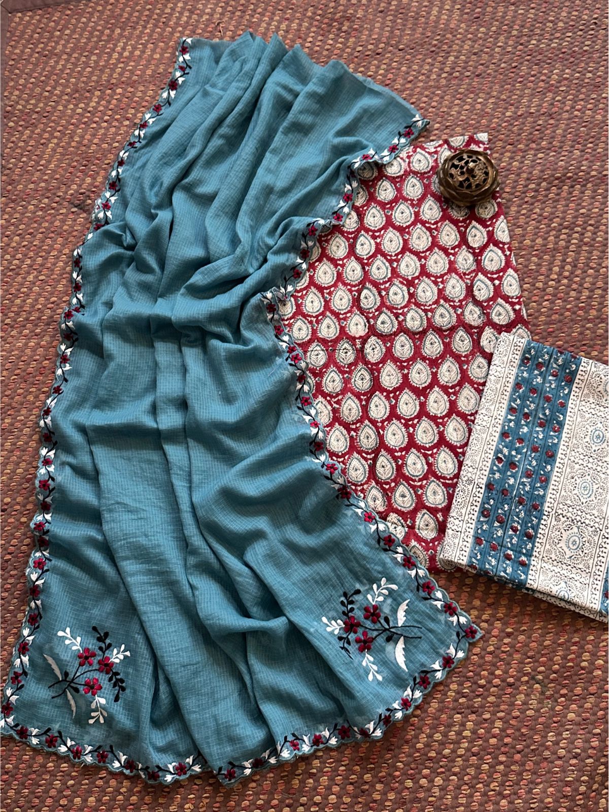 Pure Cotton  Hand blocked Set with Embroidered Dupatta