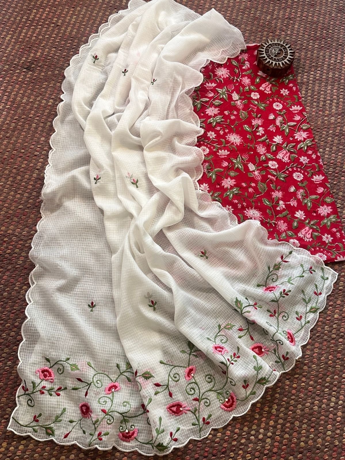 Pure Cotton Handblock Fabric with Exclusive Embroidered Dupatta