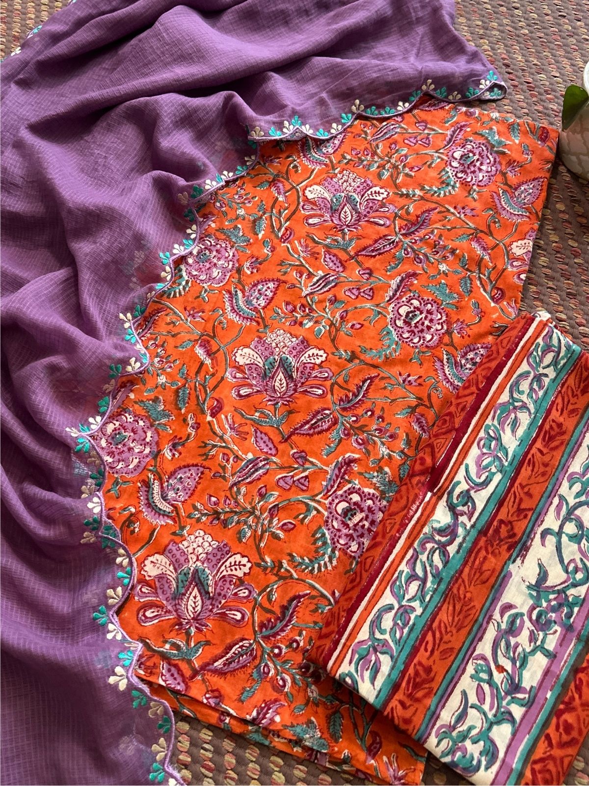 Pure Cotton Mul Hand-blocked Set with Embroidered Dupatta