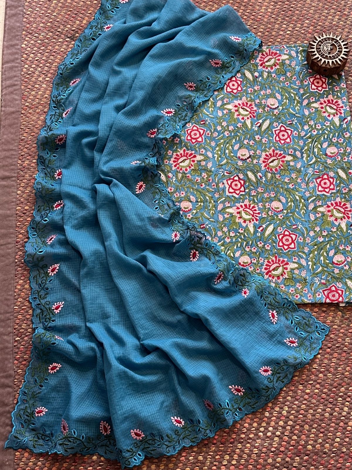 Pure Cotton Handblock Fabric with Cutwork Embroidered Dupatta