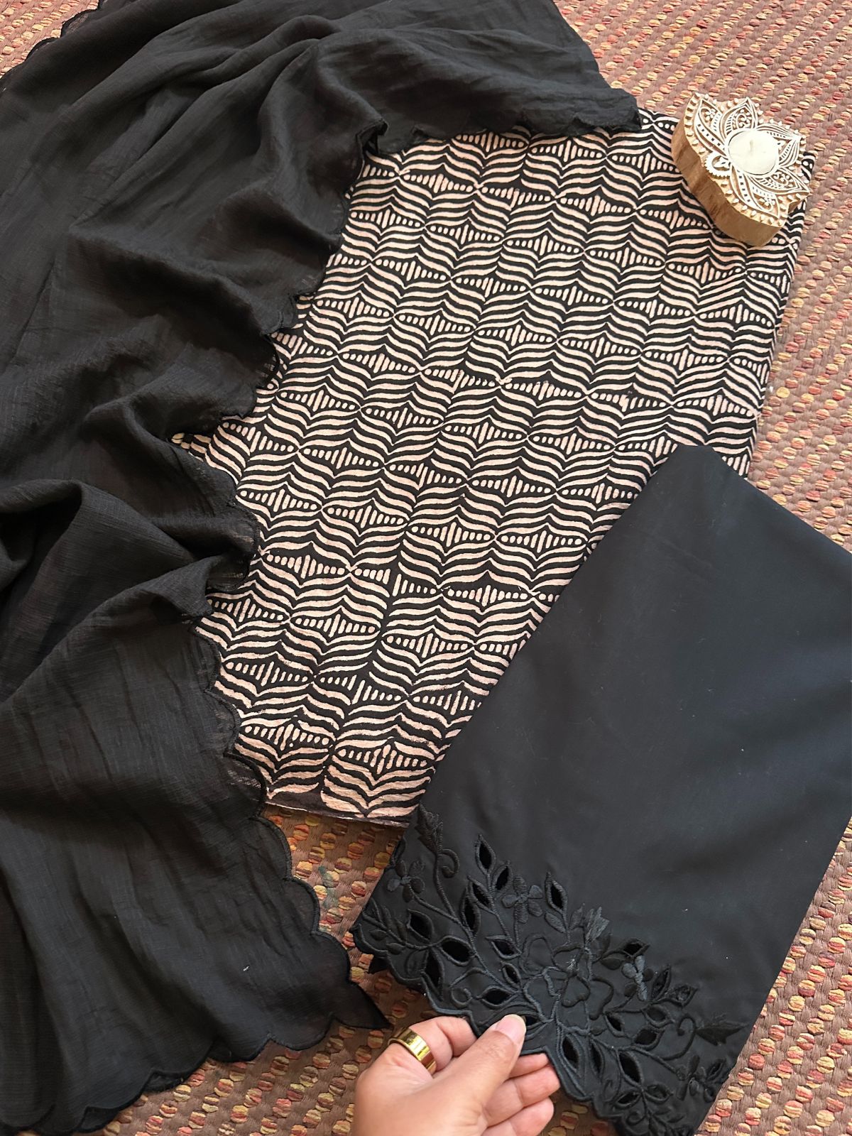 Pure Cotton Mul Ajrak with Scalloped Dupatta & Cutwork Bottom