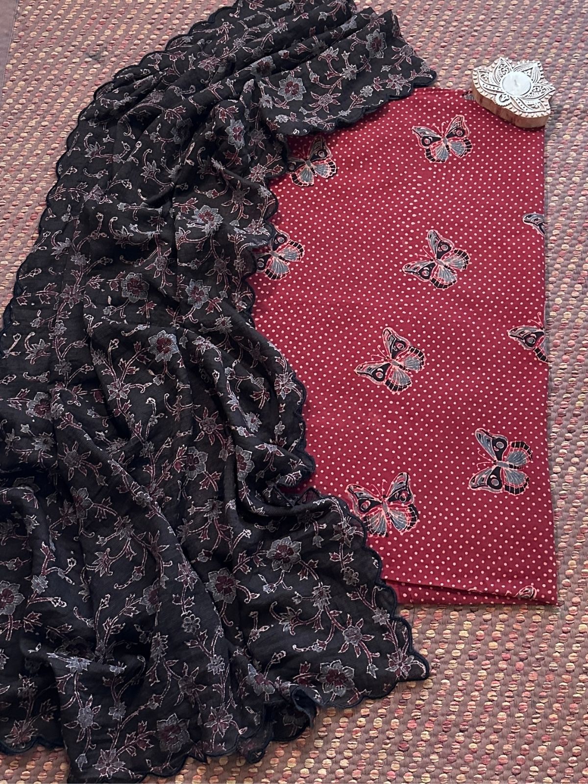 Ajrakh Cotton Malmal Handblocked Set- Top & Dupatta