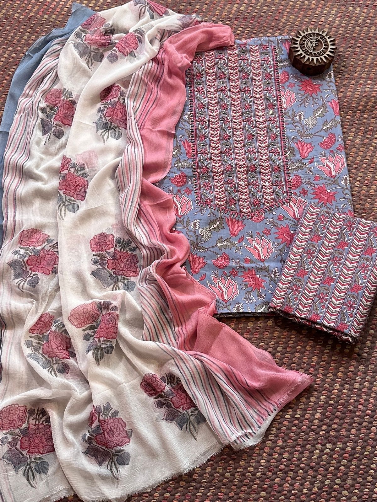 Pure Cotton Handblocked Unstitched Set with pure chiffon Dupatta