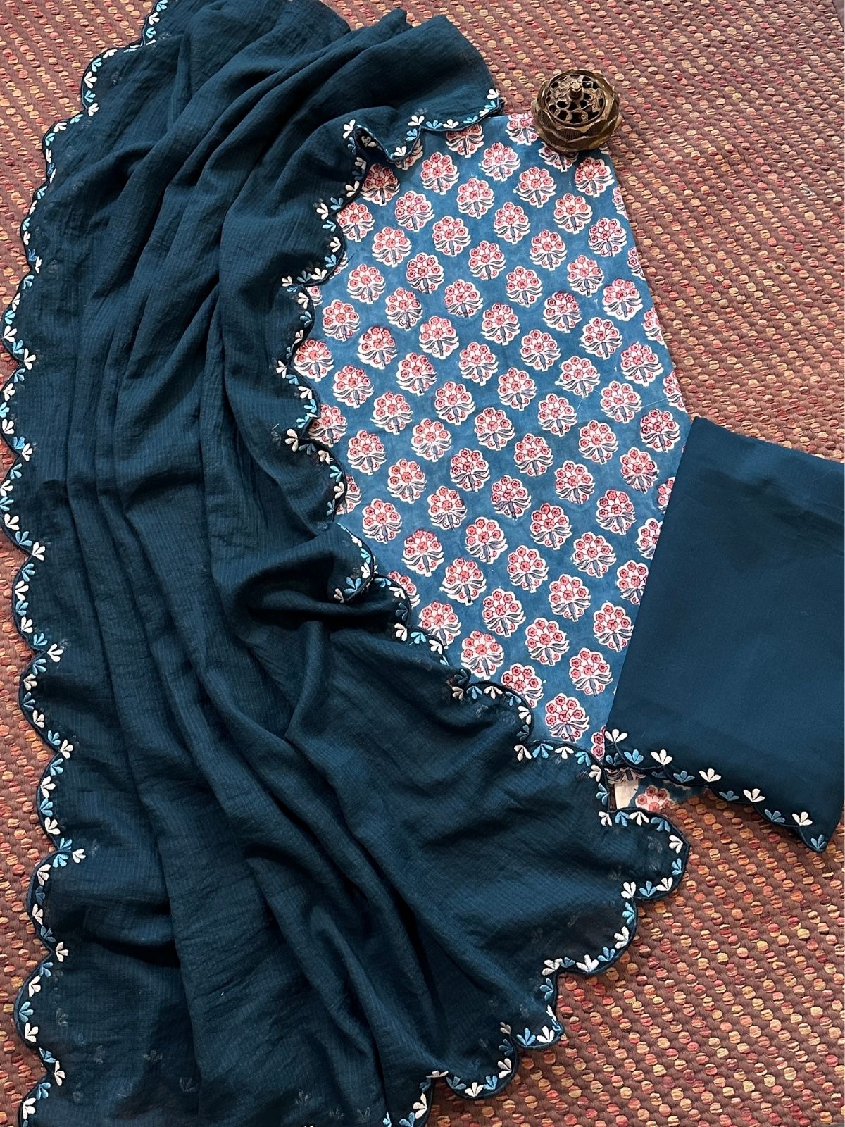 Pure Cotton Hand-block Fabric with Embroidered Bottom & Kota Doria Dupatta