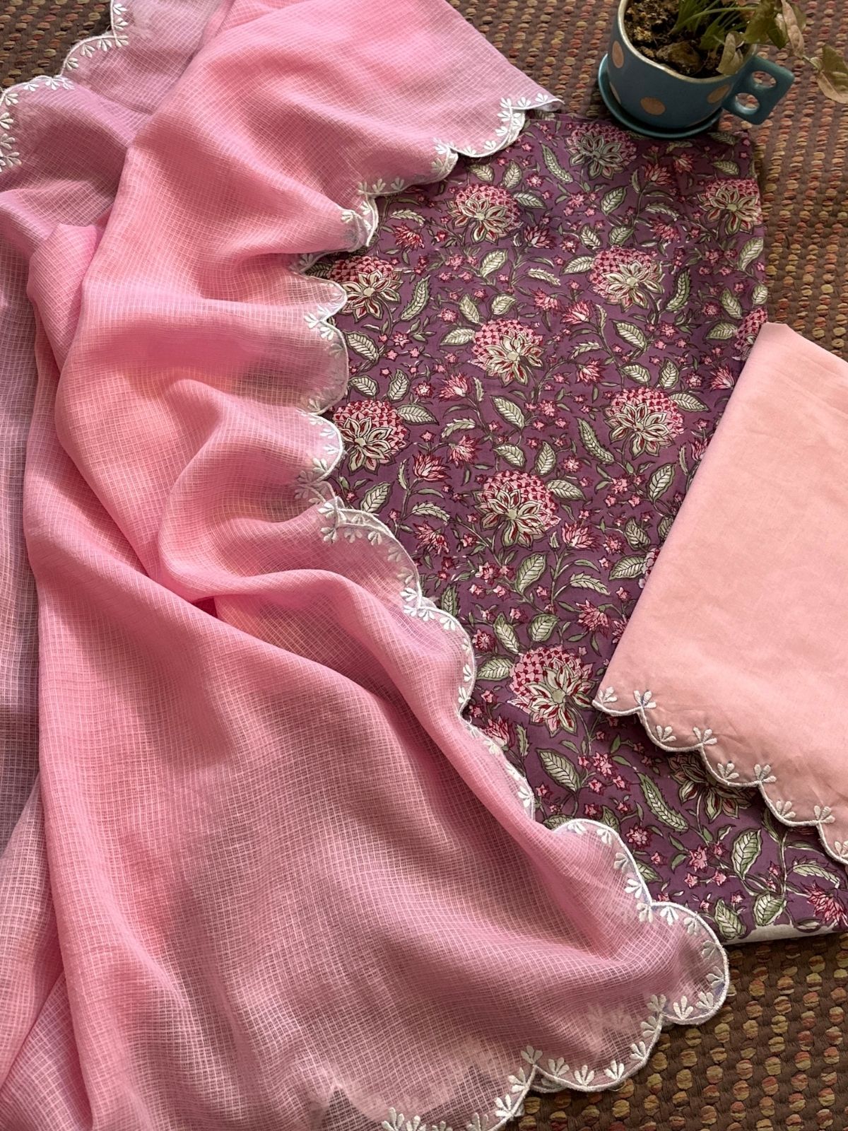 Pure Cotton Handblocked Fabric with Embroidered Dupatta & Bottom