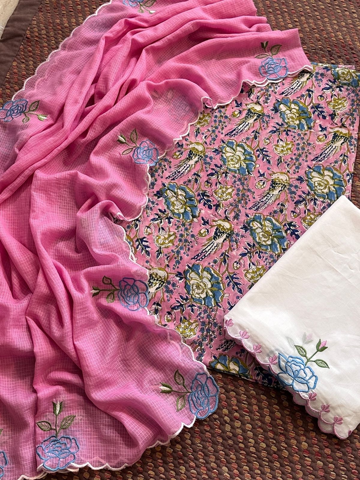 Pure Cotton Malmal Hand-block Fabric with Embroidered Bottom & Kota Doria Dupatta