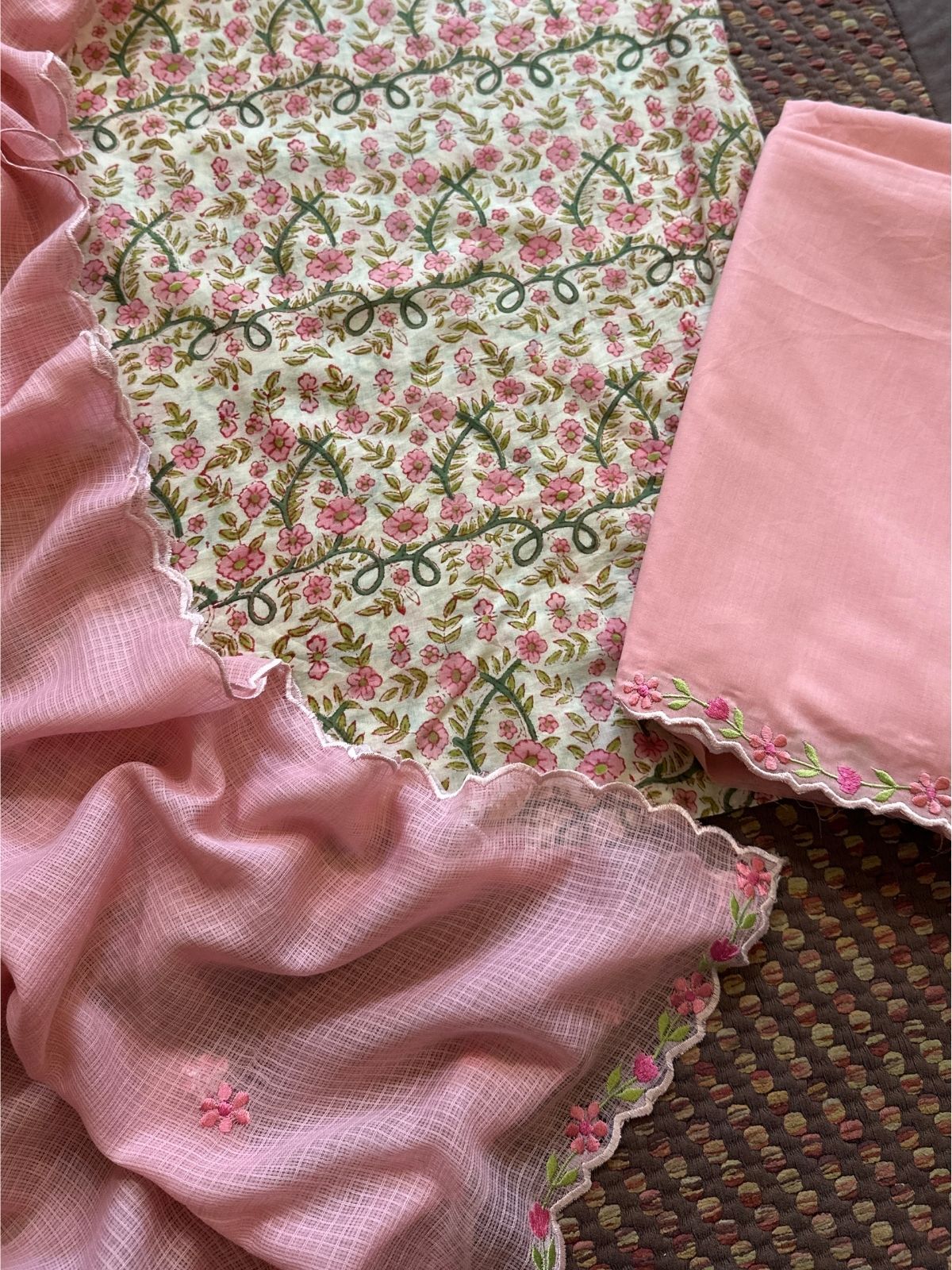 Pure Cotton Malmal Handblocked Fabric with Embroidered Dupatta & Bottom